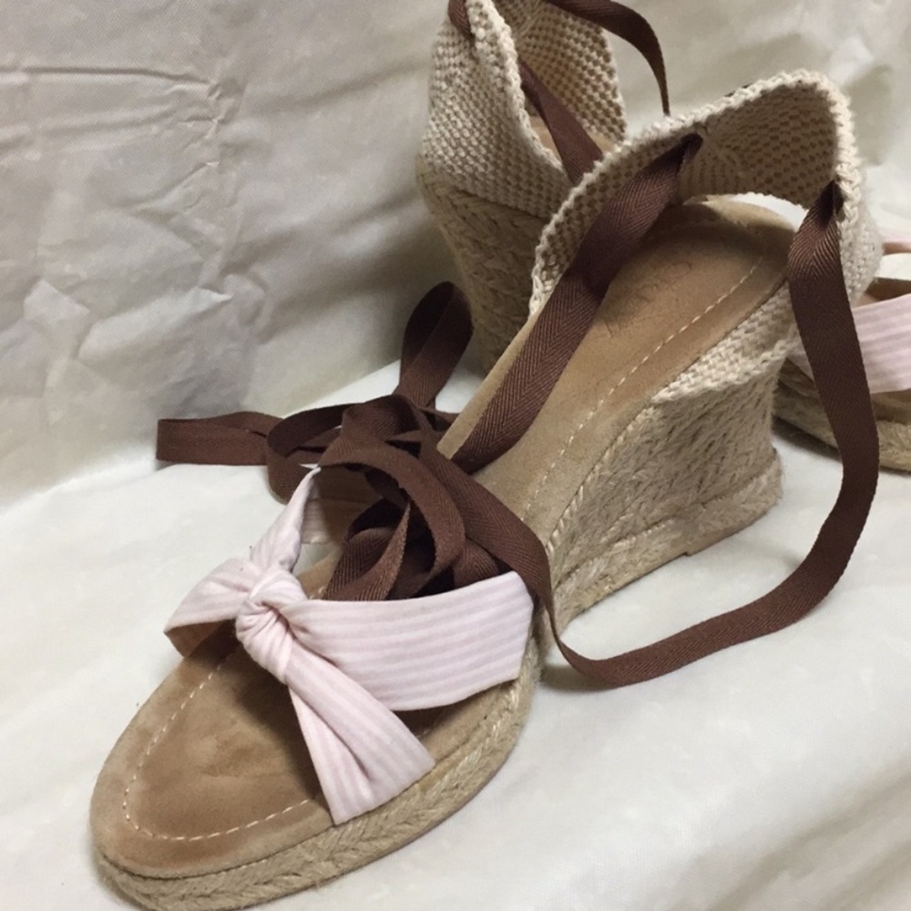 J Crew Elegant Pink and Brown Wedge Sandals